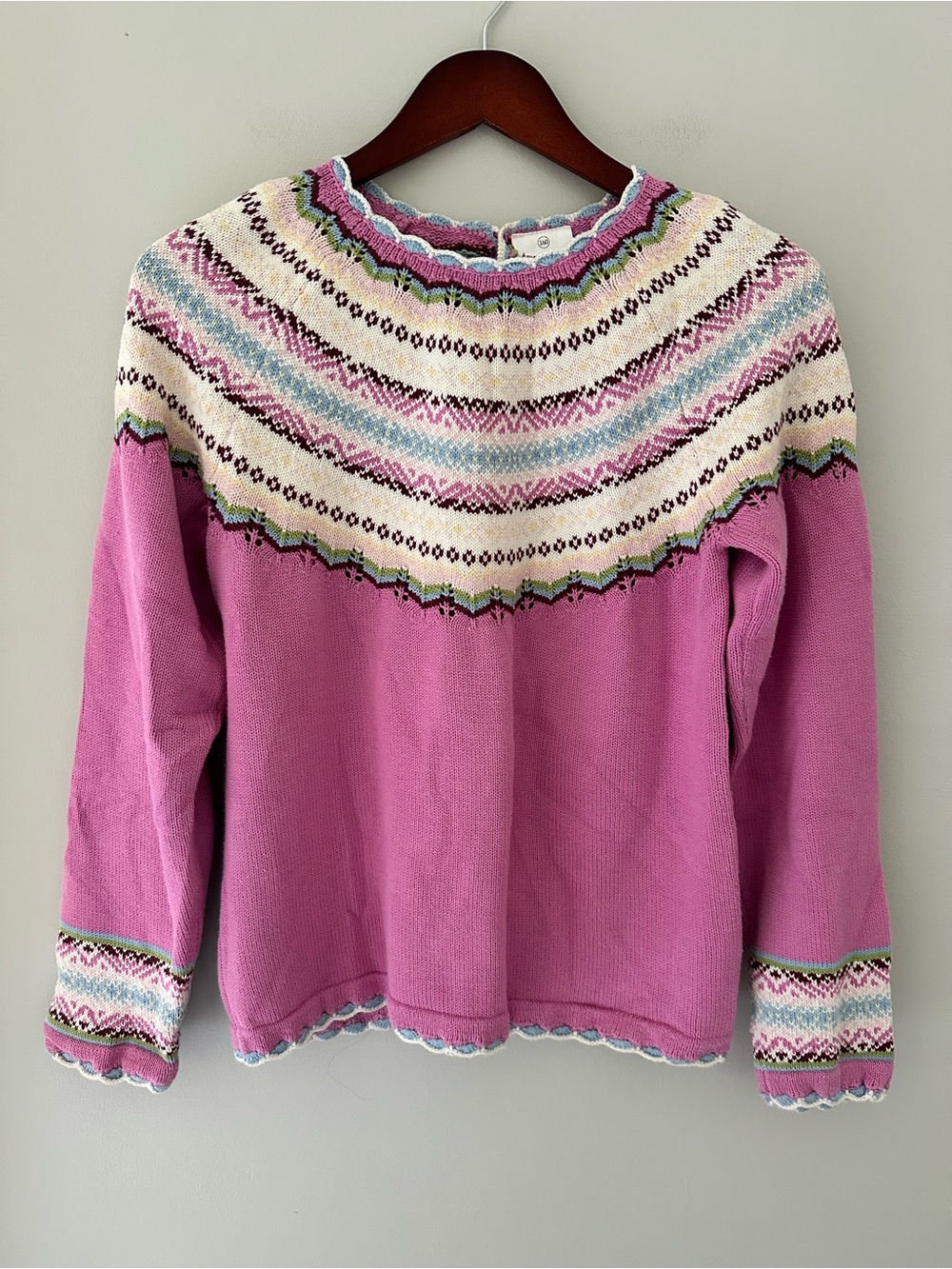 Hanna Andersson Pink Fair Isle Yoke Sweater Crochet Trim 100% Cotton Size 14-16